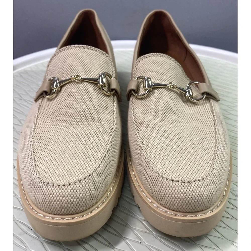 Franco Sarto Cason Women Loafers Natural Tan Canvas Slip On Shoes Horsebit 7.5 M